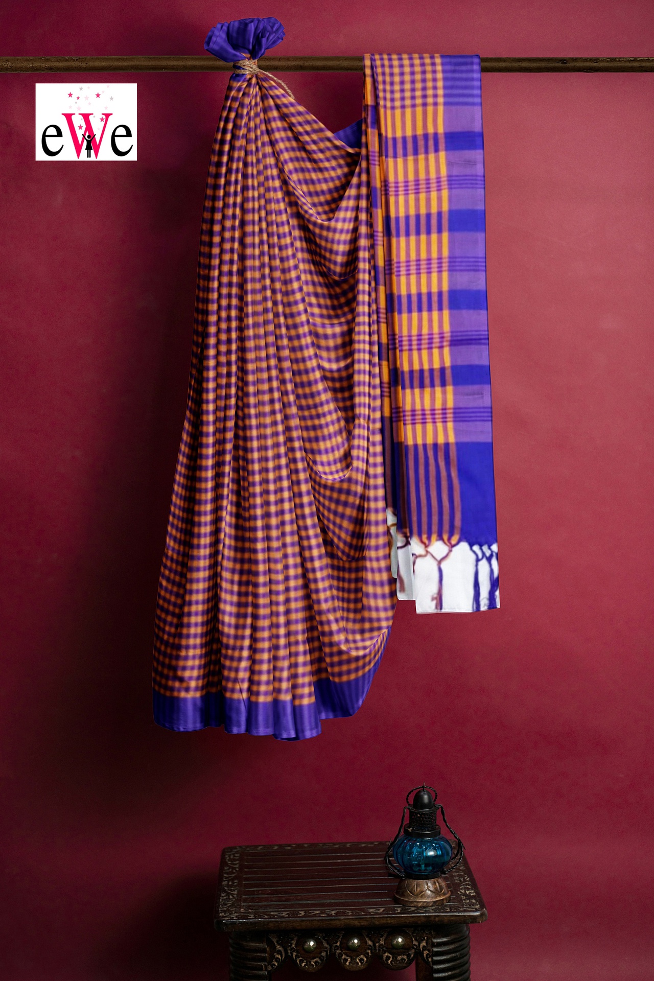 Purple Orange Check Handloom Saree