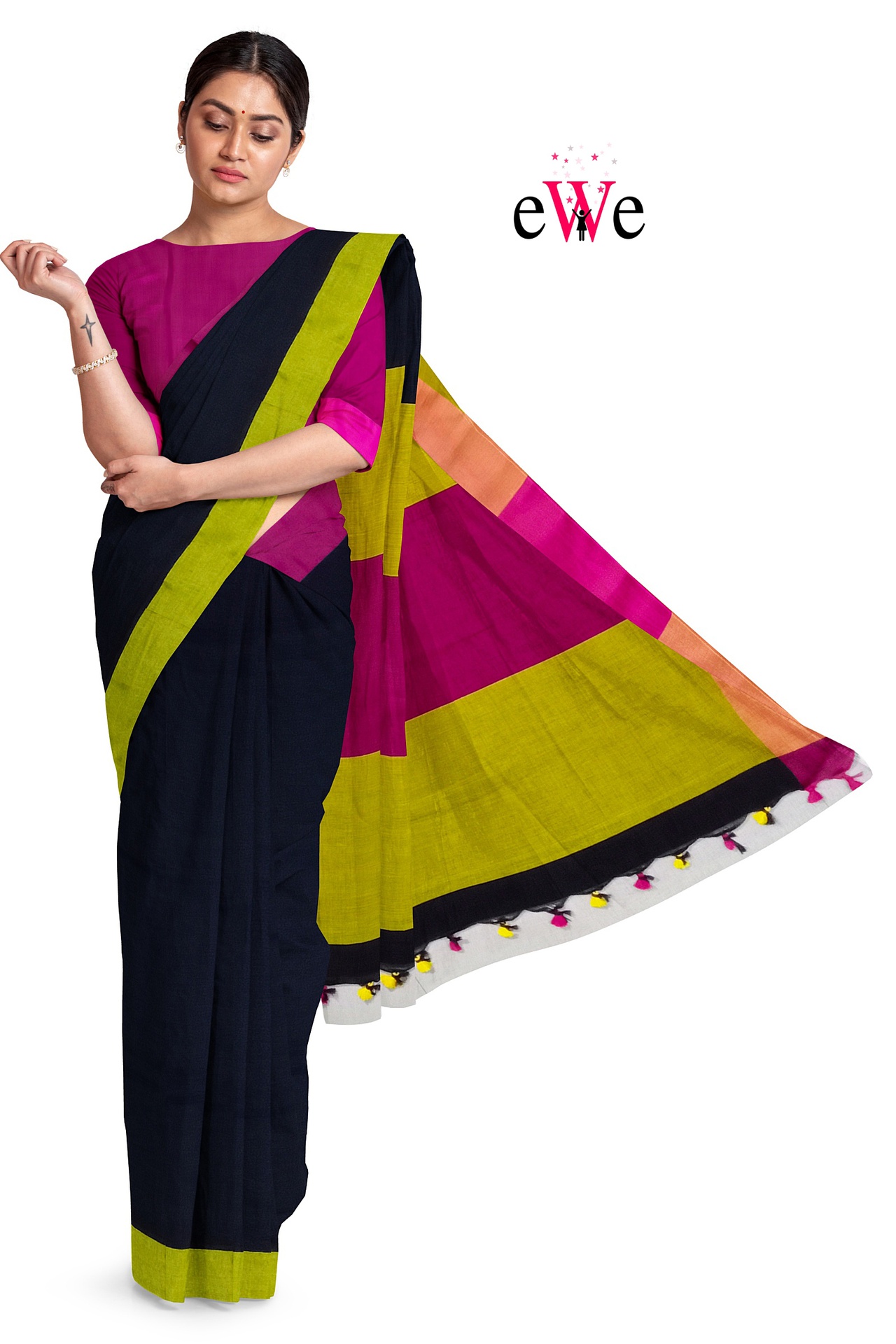 Black &amp; Pink Yellow Handloom Soft Design Saree