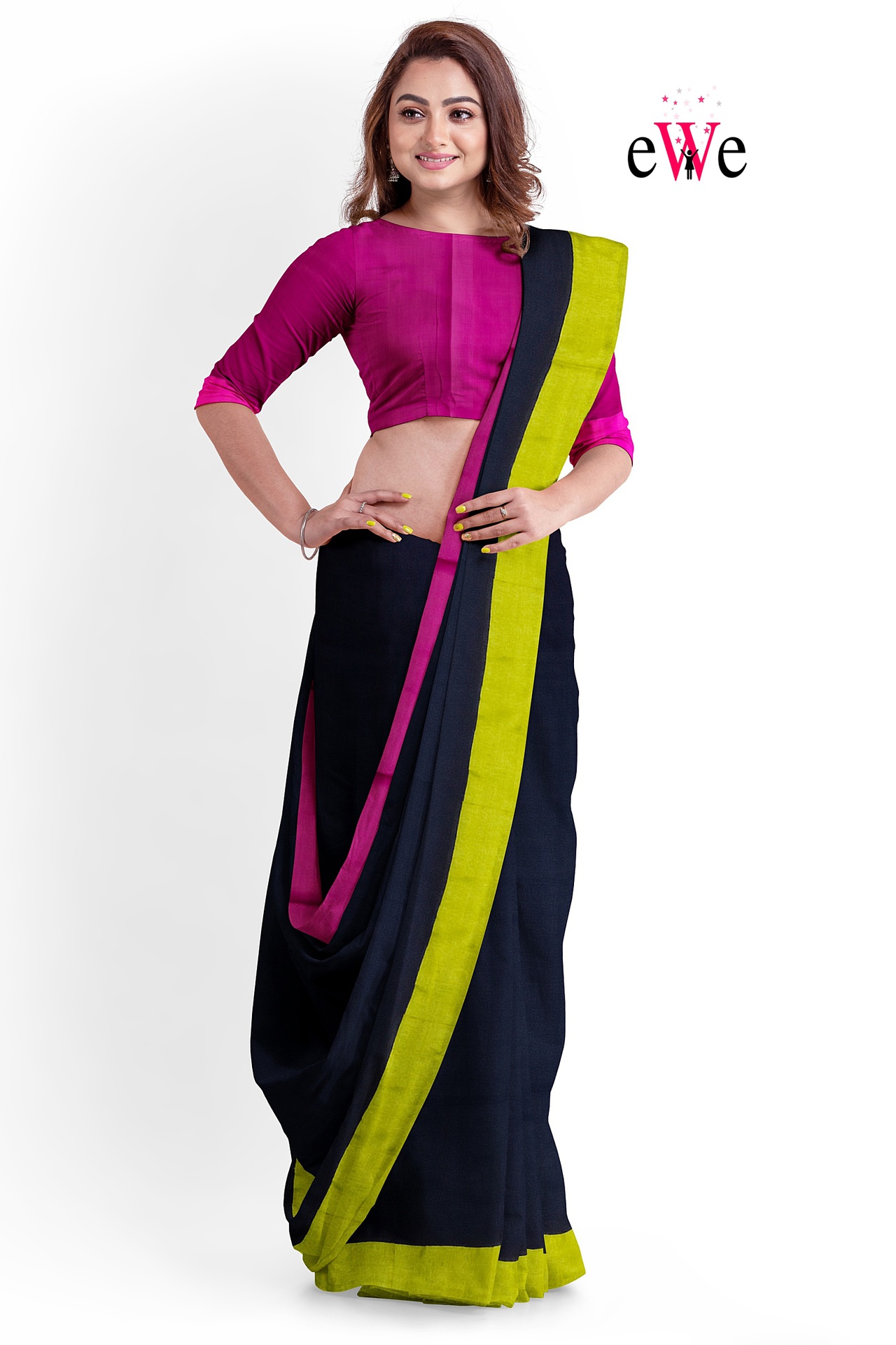 Black &amp; Pink Yellow Handloom Soft Design Saree
