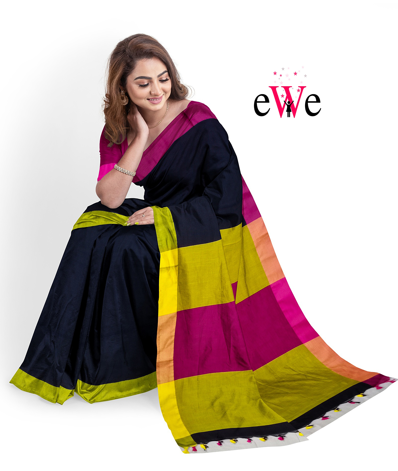 Black &amp; Pink Yellow Handloom Soft Design Saree