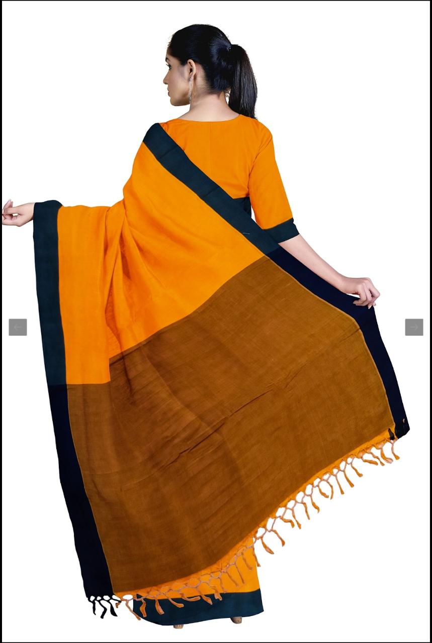Fire Orange &amp; Black Handloom Saree