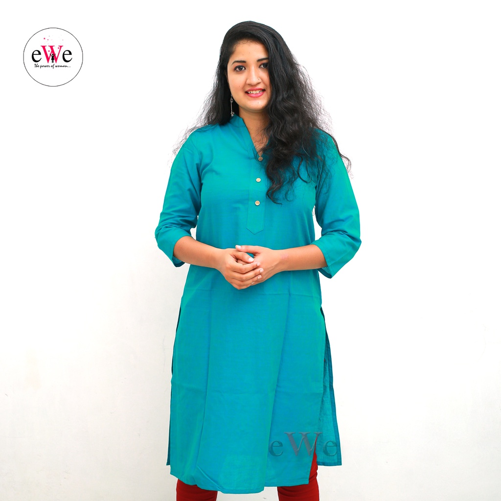 Cotton Plain Kurti- Peacock Greenish Blue