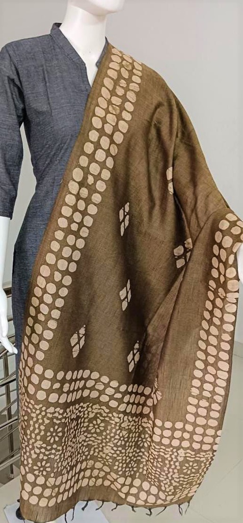 Brown Jute Cotton Dupatta with Hand Block Print