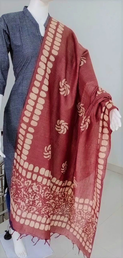 Meroon Jute Cotton Dupatta with Hand Block Print