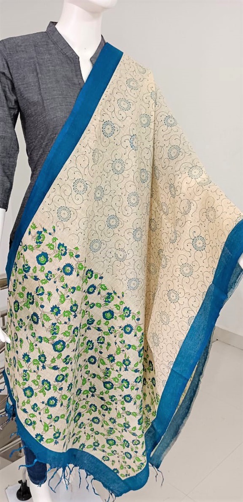 Cream Blue Dupatta with Authentic Madhubani Hand Painting