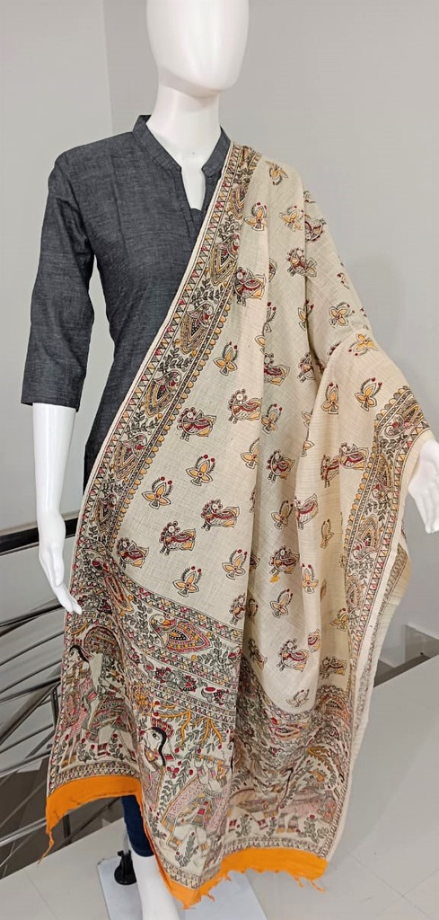 Cream Red Yellow Dupatta with Authentic Madhubani Hand Painting