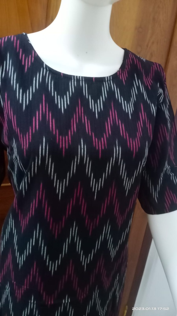Black Ikkat  Kurti with pink white zig zag pattern