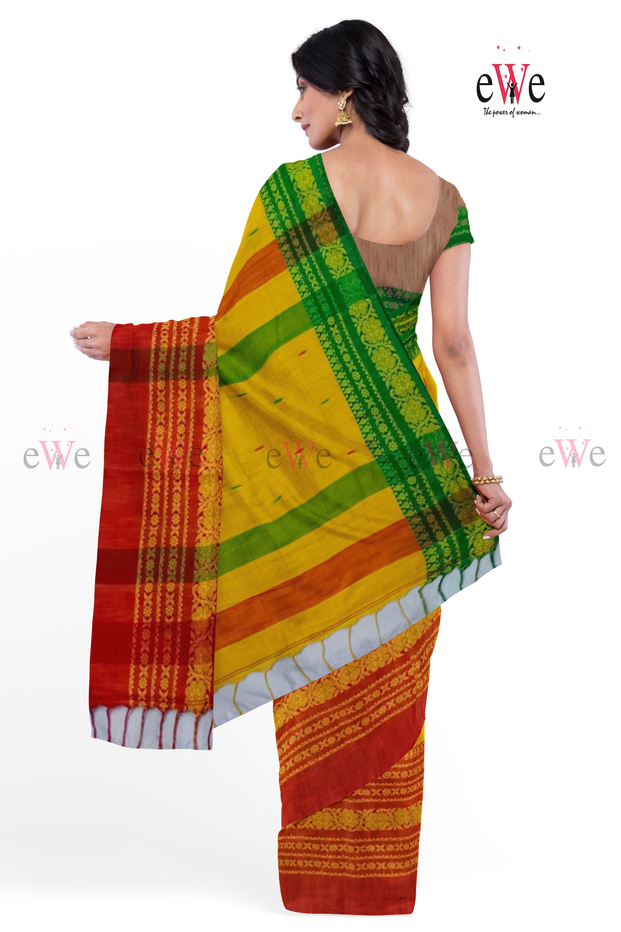 Yellow &amp; Red Handloom Cotton Saree with Begampuri Weave
