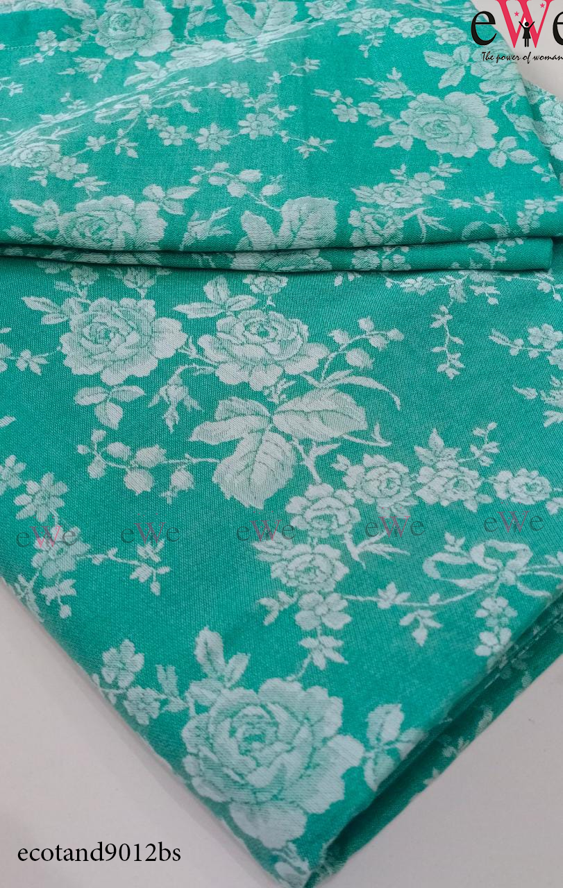 Turquoise Green Flower Design Handloom Jacquard Bedsheet with Two Pillow covers.