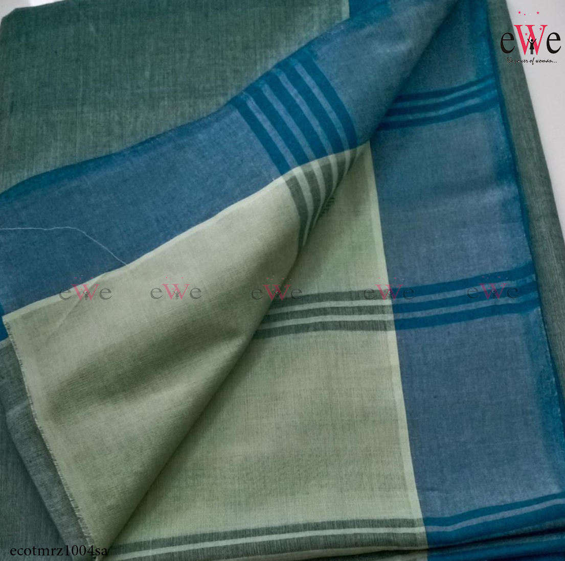 Teal green &amp; Ash Handspun Handwoven Handloom saree