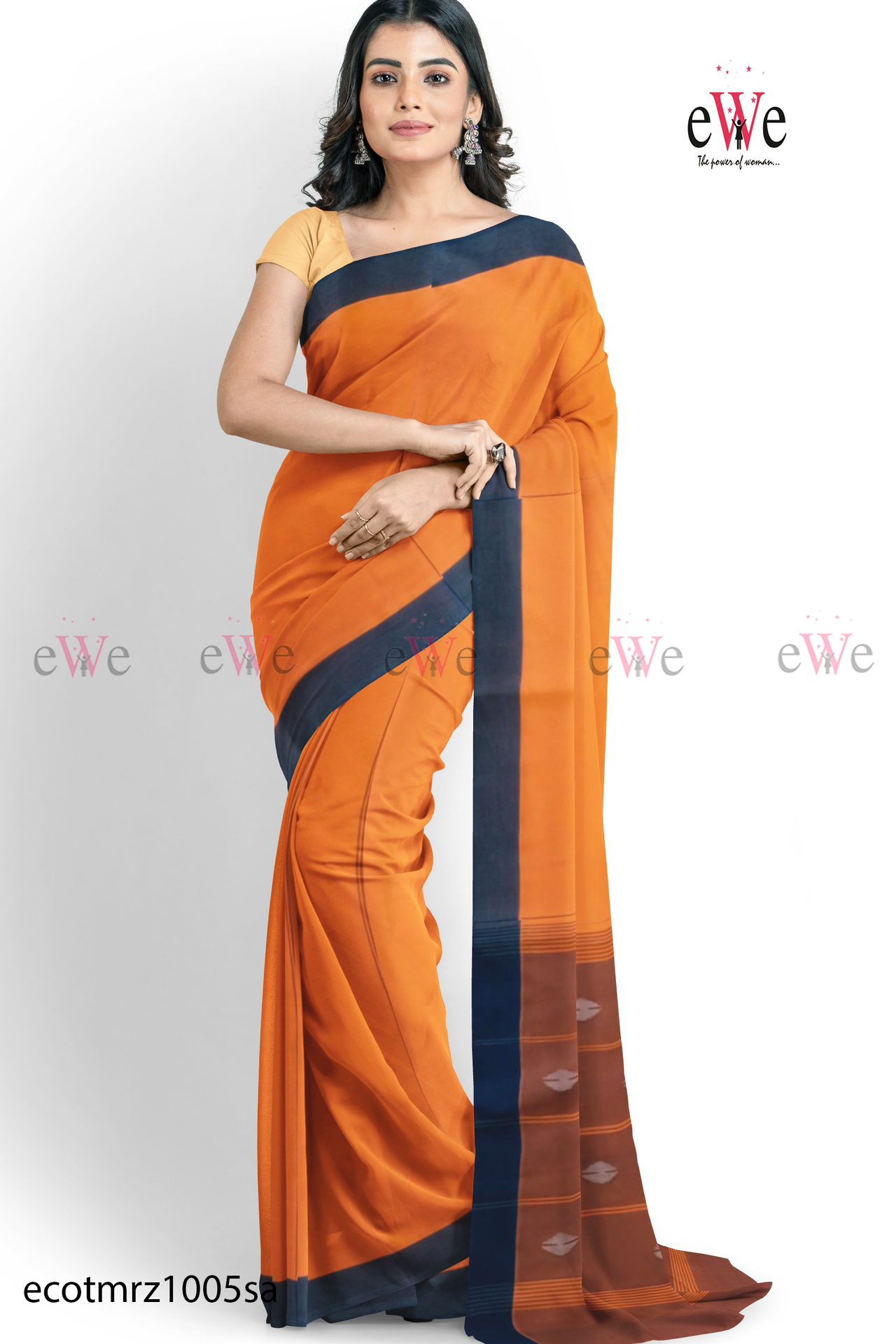 Orange &amp; Black Handspun Handwoven Handloom saree