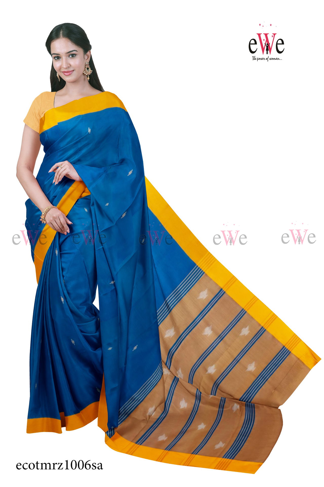 Azure Blue &amp; Yellow Handspun Handwoven Handloom saree