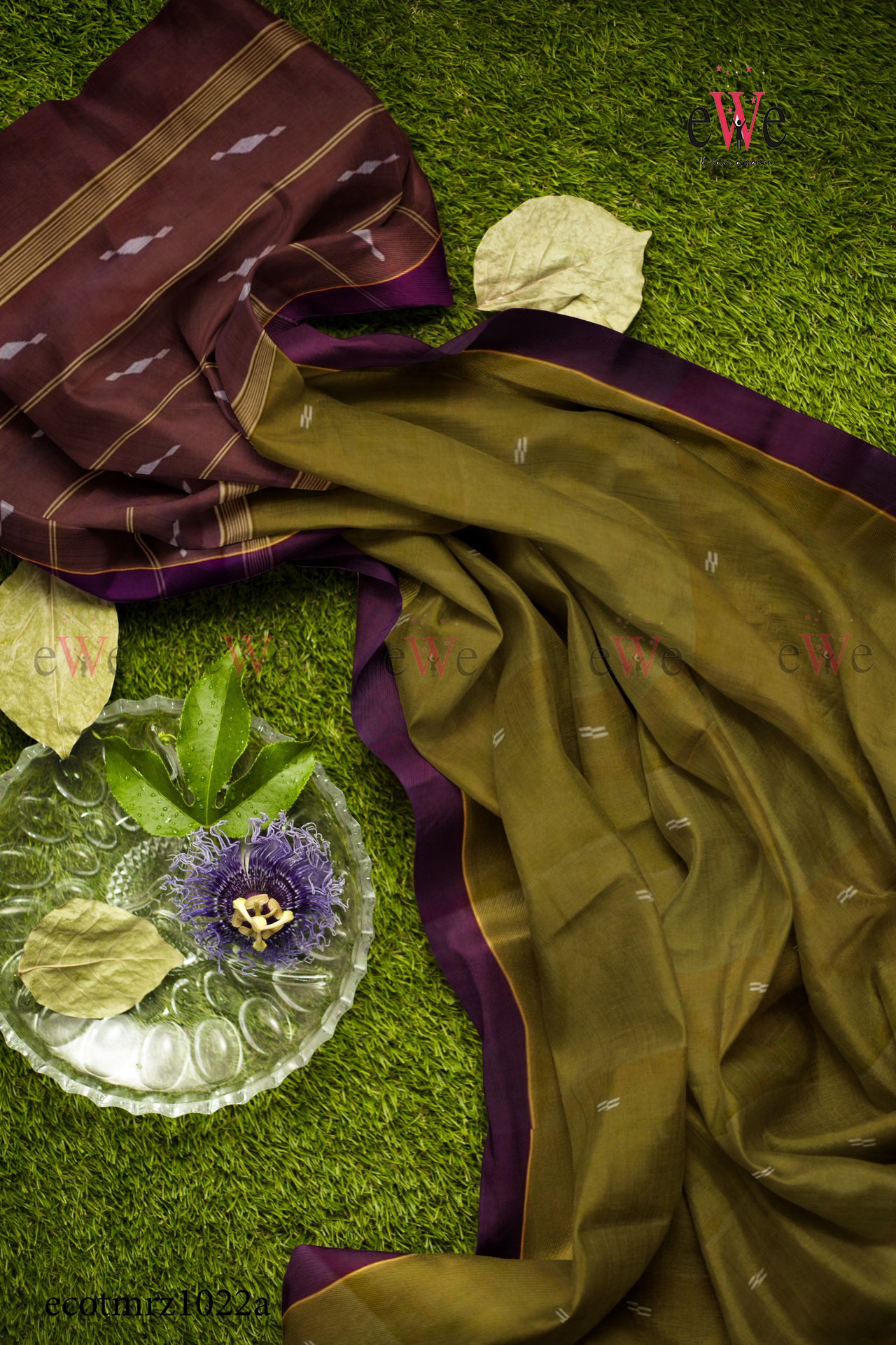 Moss Green &amp; Grape Colour Handspun Handwoven Handloom Saree