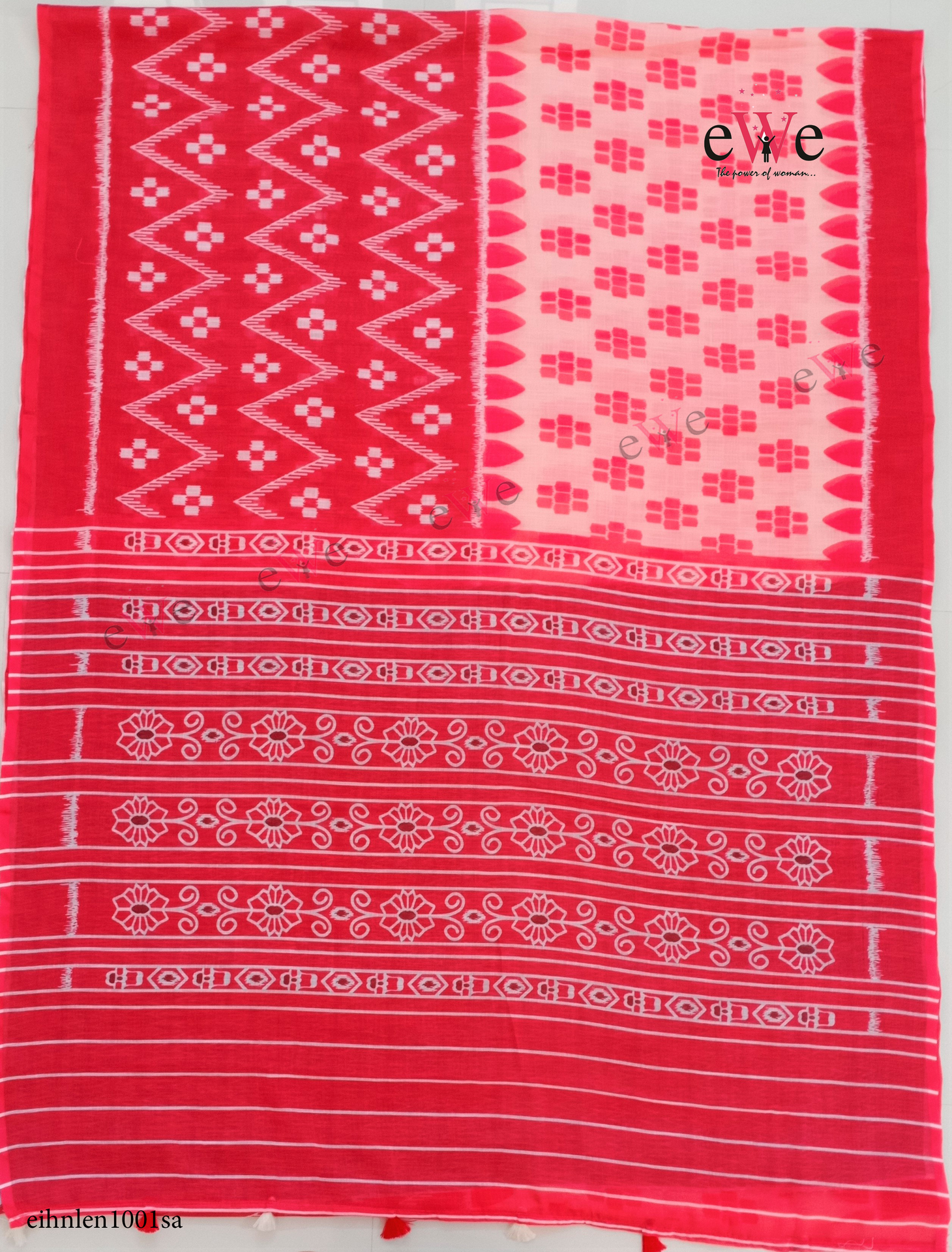 Red &amp; Black Handloom  Linen cotton saree with ikkat design