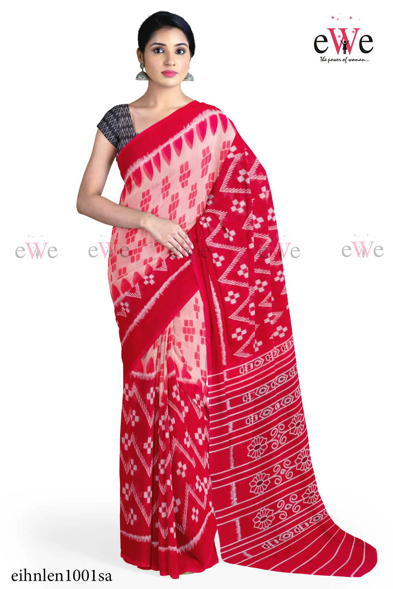 Red &amp; Black Handloom  Linen cotton saree with ikkat design