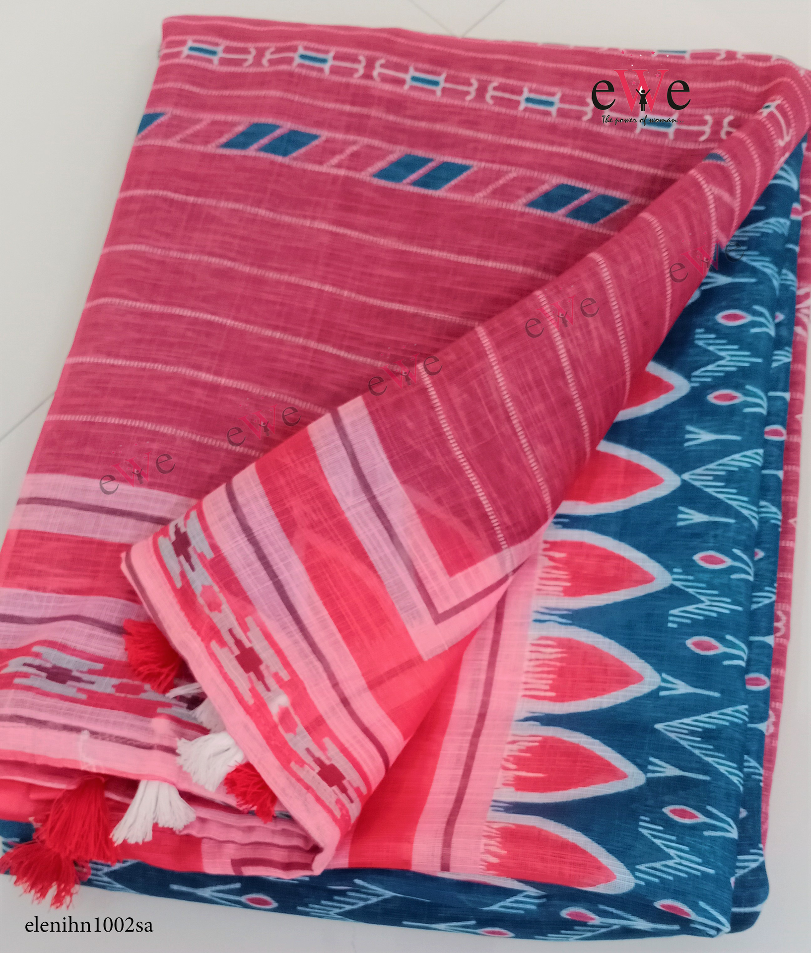 Blue &amp; Red Handloom Linen saree with ikkat design