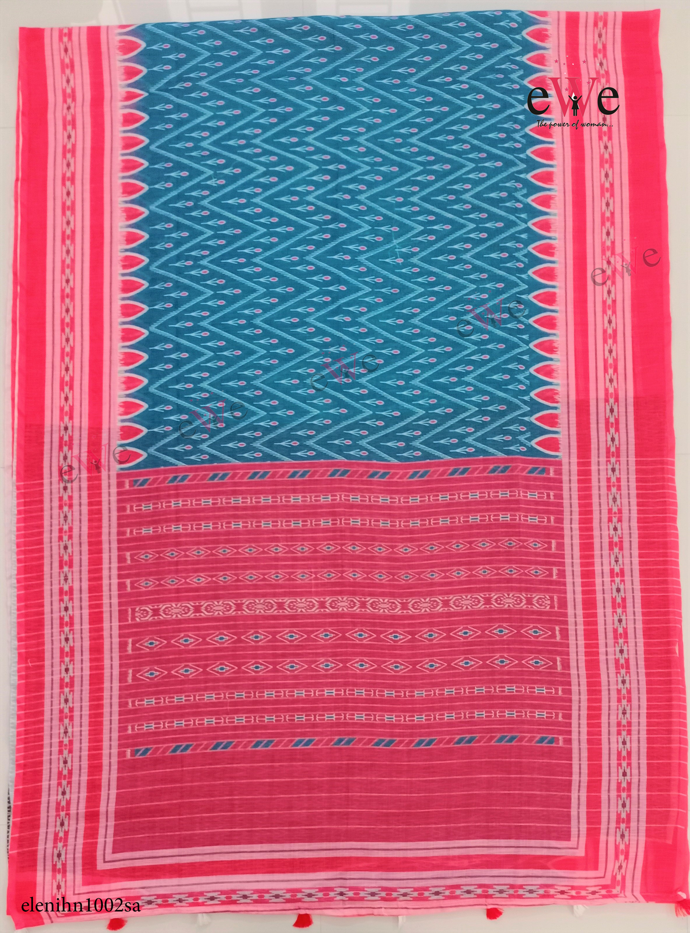 Blue &amp; Red Handloom Linen saree with ikkat design
