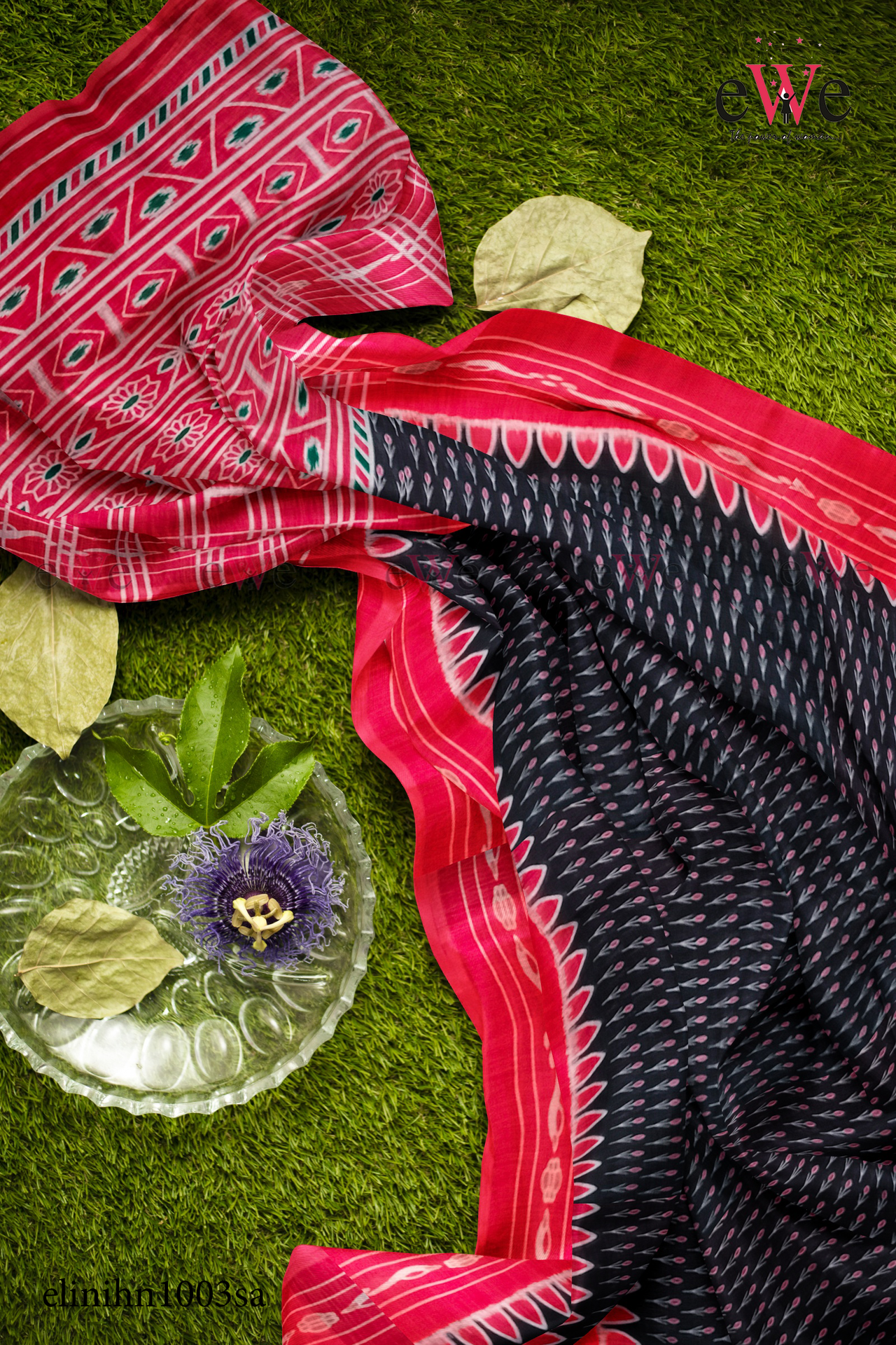 Black &amp; Red Handloom Linen saree with ikkat design