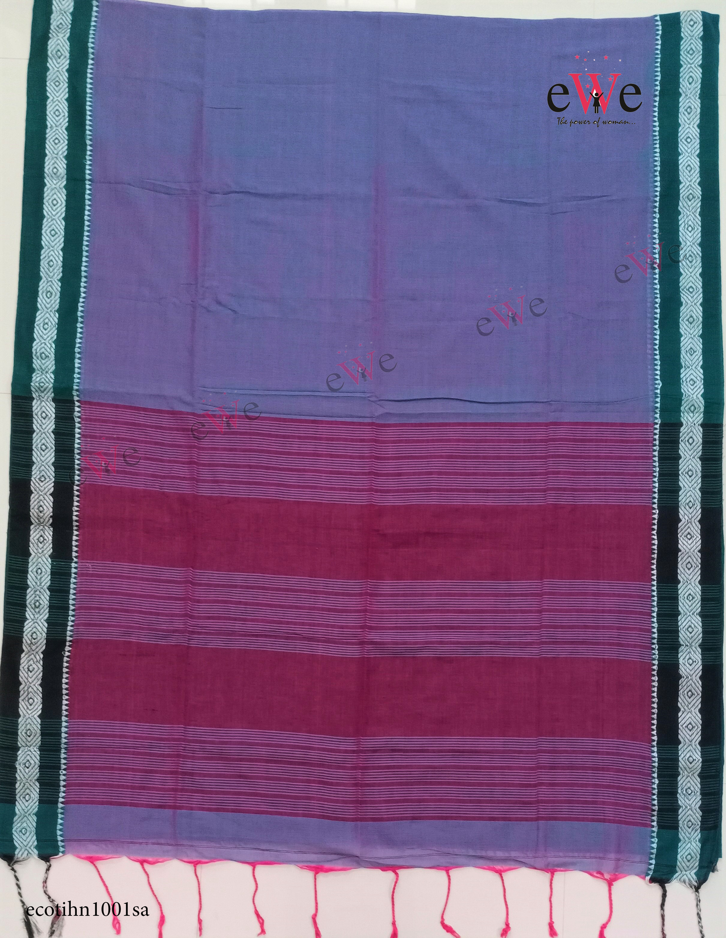 Blue &amp; Green Handloom cotton saree with Designer Border.
