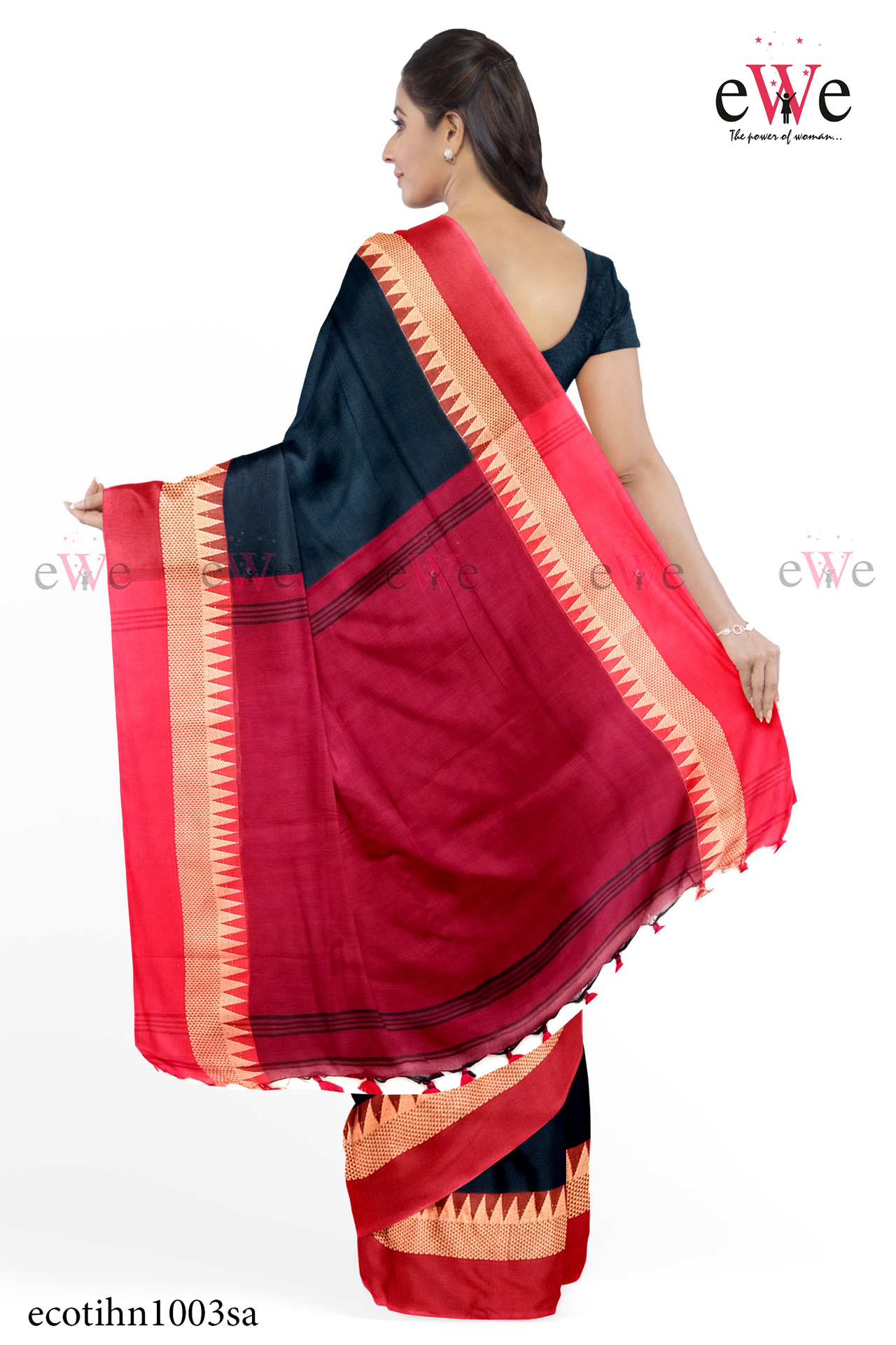 Black &amp; Red Handloom Cotton Saree with Designer  Temple Border