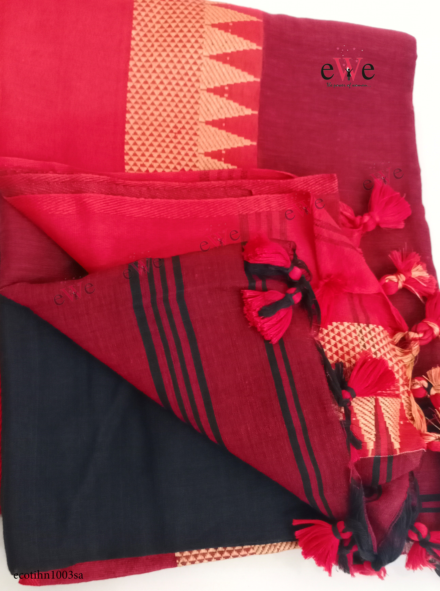 Black &amp; Red Handloom Cotton Saree with Designer  Temple Border