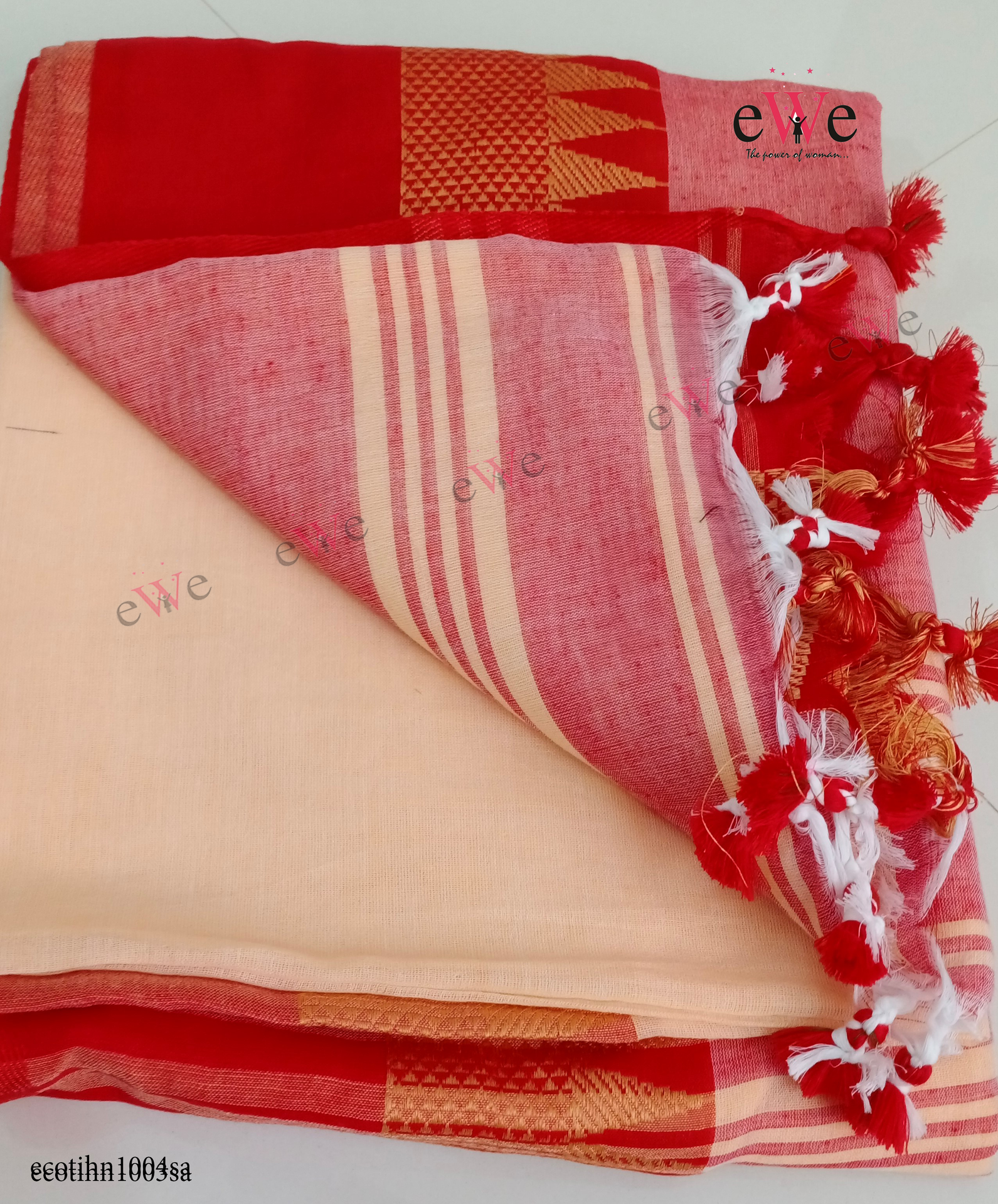 Cream &amp; Red Handloom Cotton Saree with Designer Temple Border