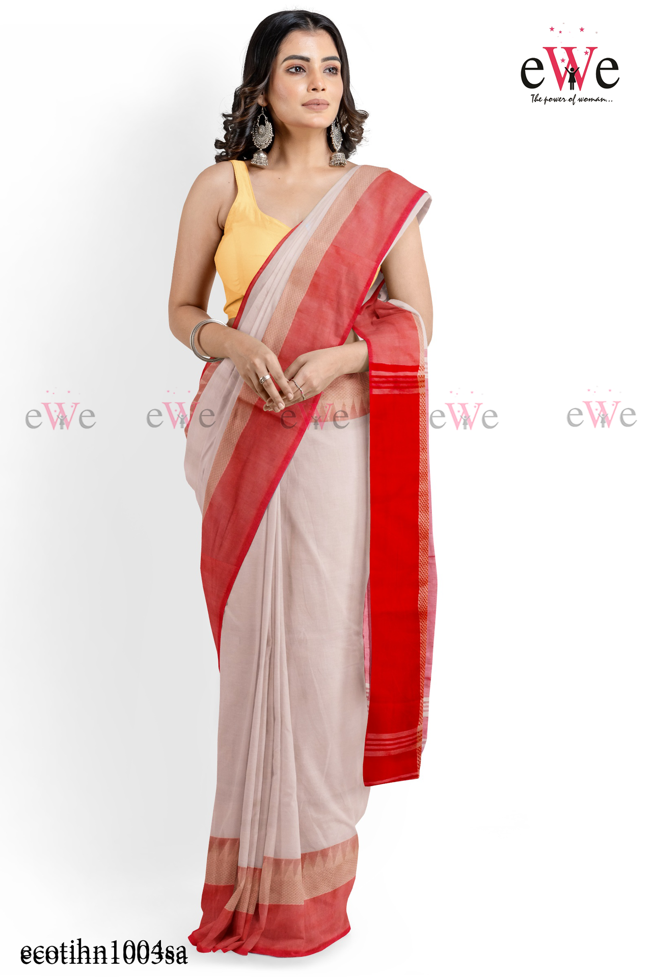 Cream &amp; Red Handloom Cotton Saree with Designer Temple Border