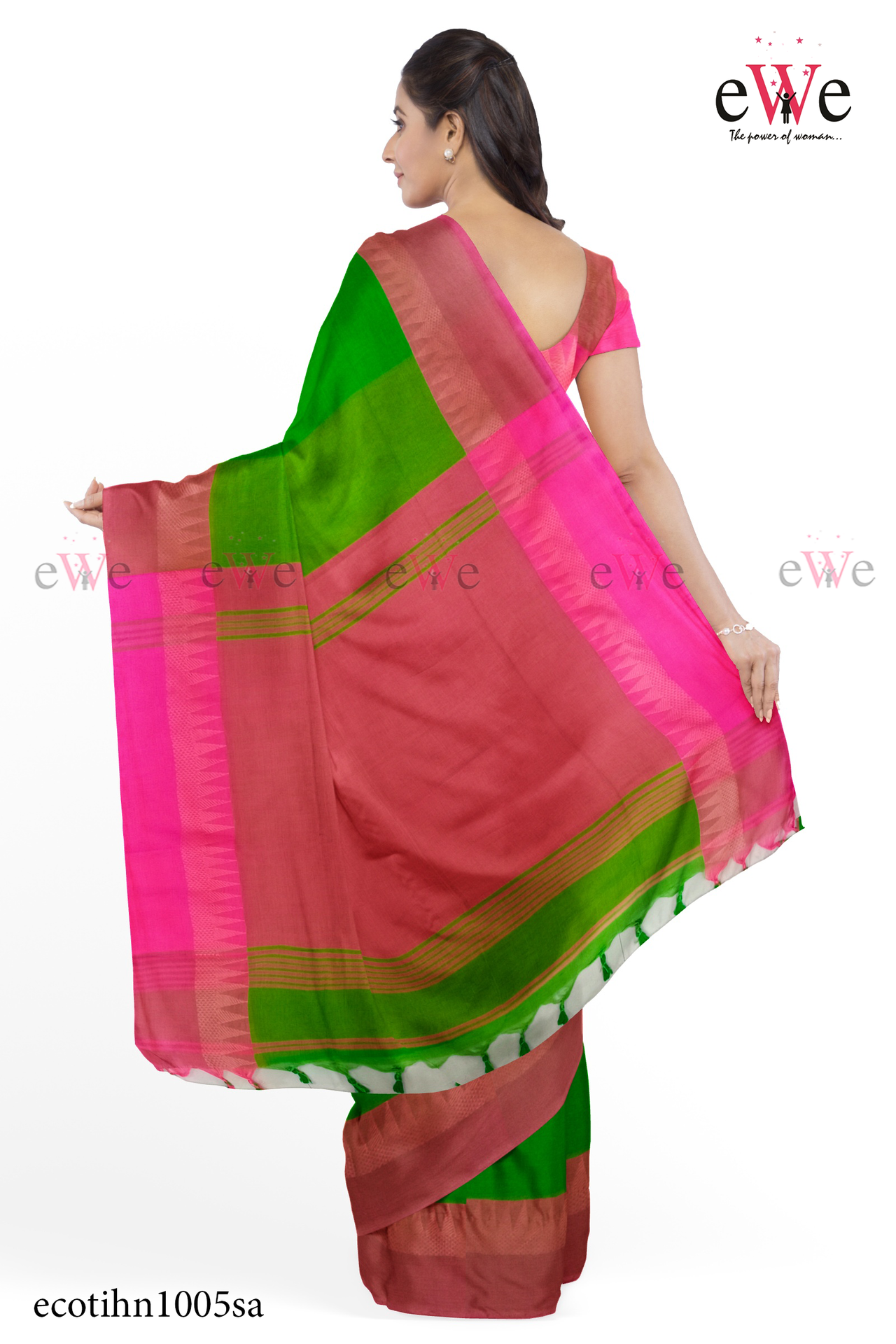 Green &amp; Pink Handloom Cotton Saree with Designer Temple Border