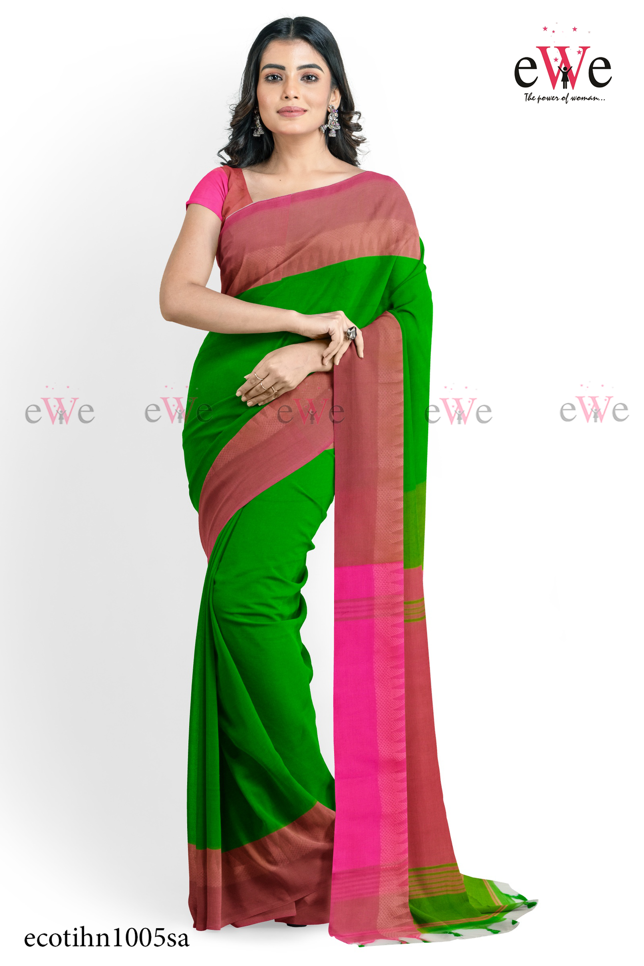 Green &amp; Pink Handloom Cotton Saree with Designer Temple Border