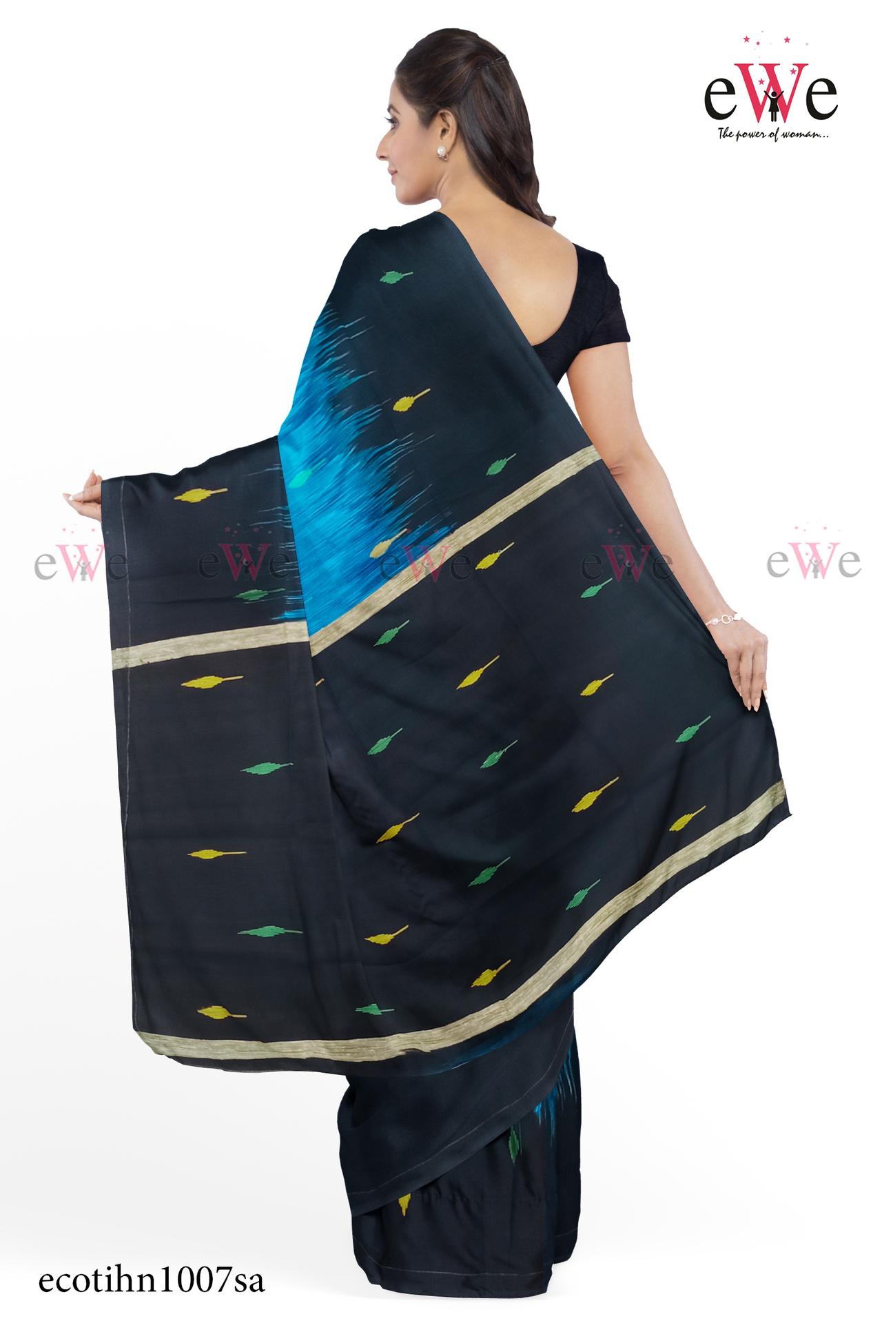 Blue &amp; Black Handloom Cotton Silk saree with Ikkat Buti Work