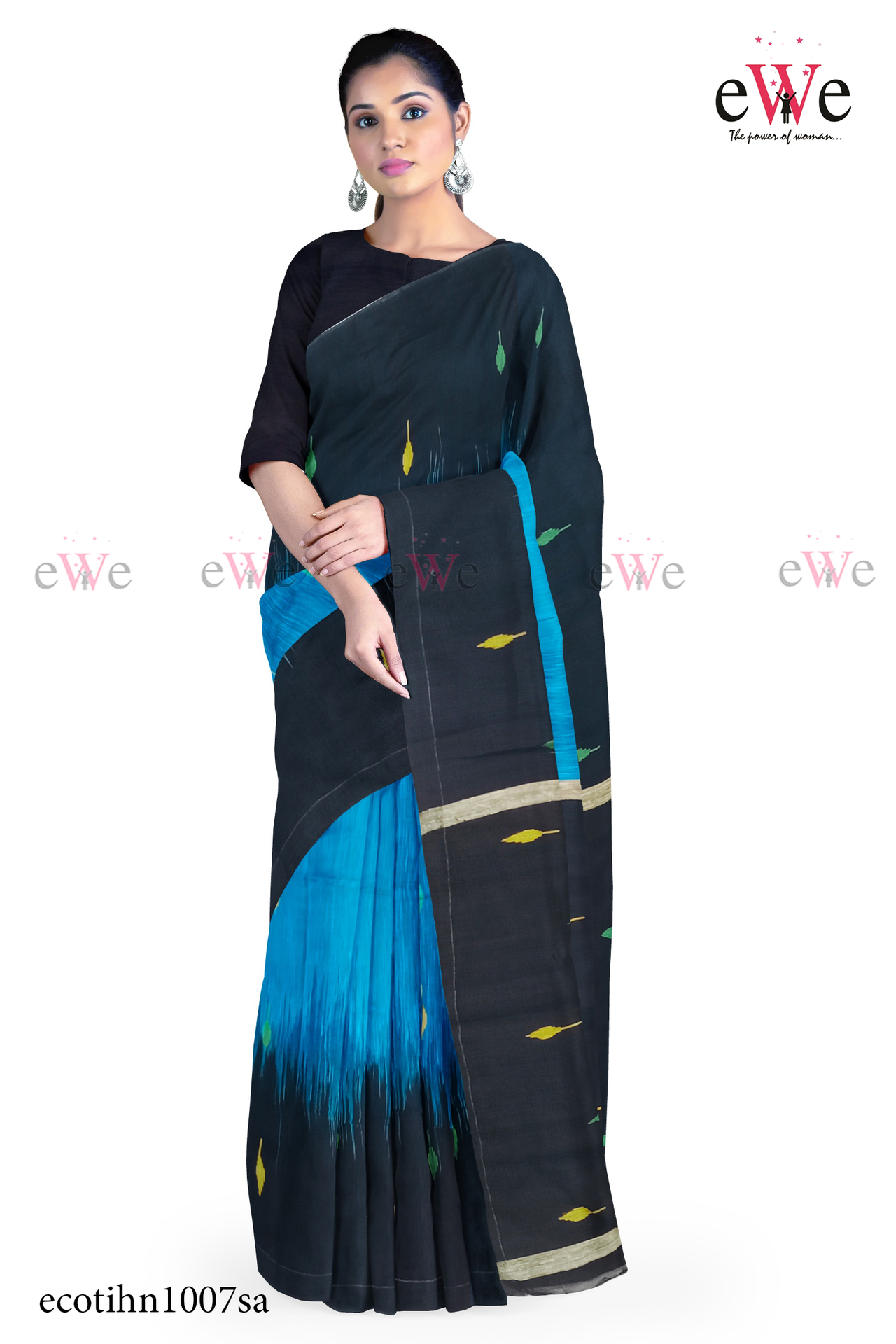 Blue &amp; Black Handloom Cotton Silk saree with Ikkat Buti Work