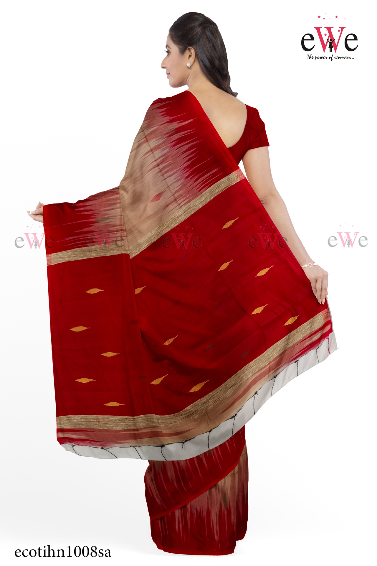 Cream &amp; Red Handloom Cotton Silk saree with Ikkat Buti Work