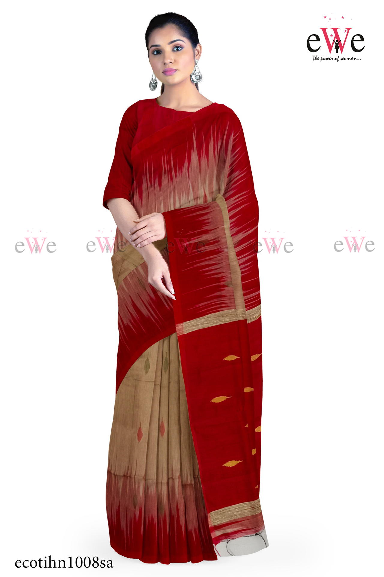 Cream &amp; Red Handloom Cotton Silk saree with Ikkat Buti Work