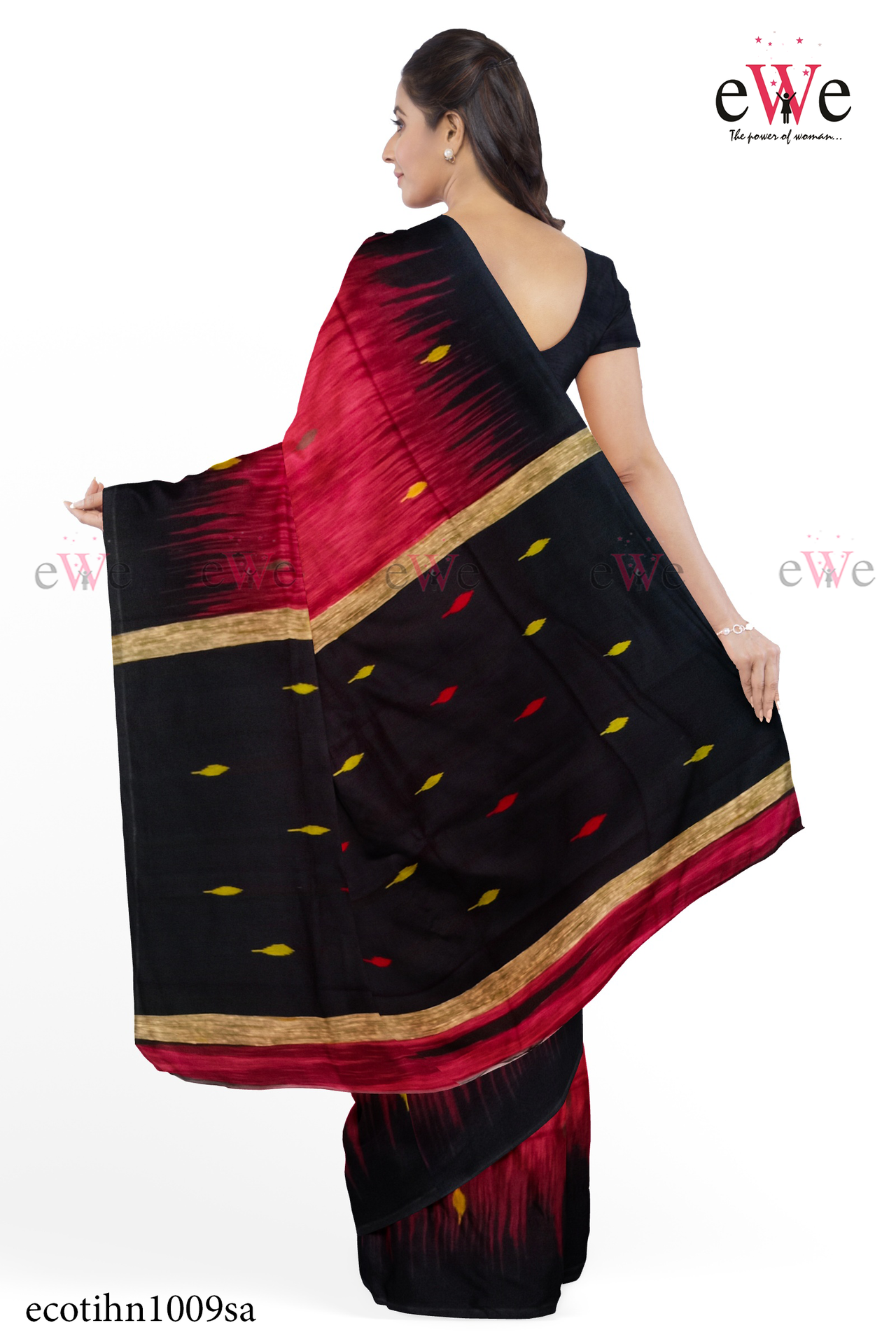 Red &amp; Black Handloom Cotton Silk saree with Ikkat Buti Work