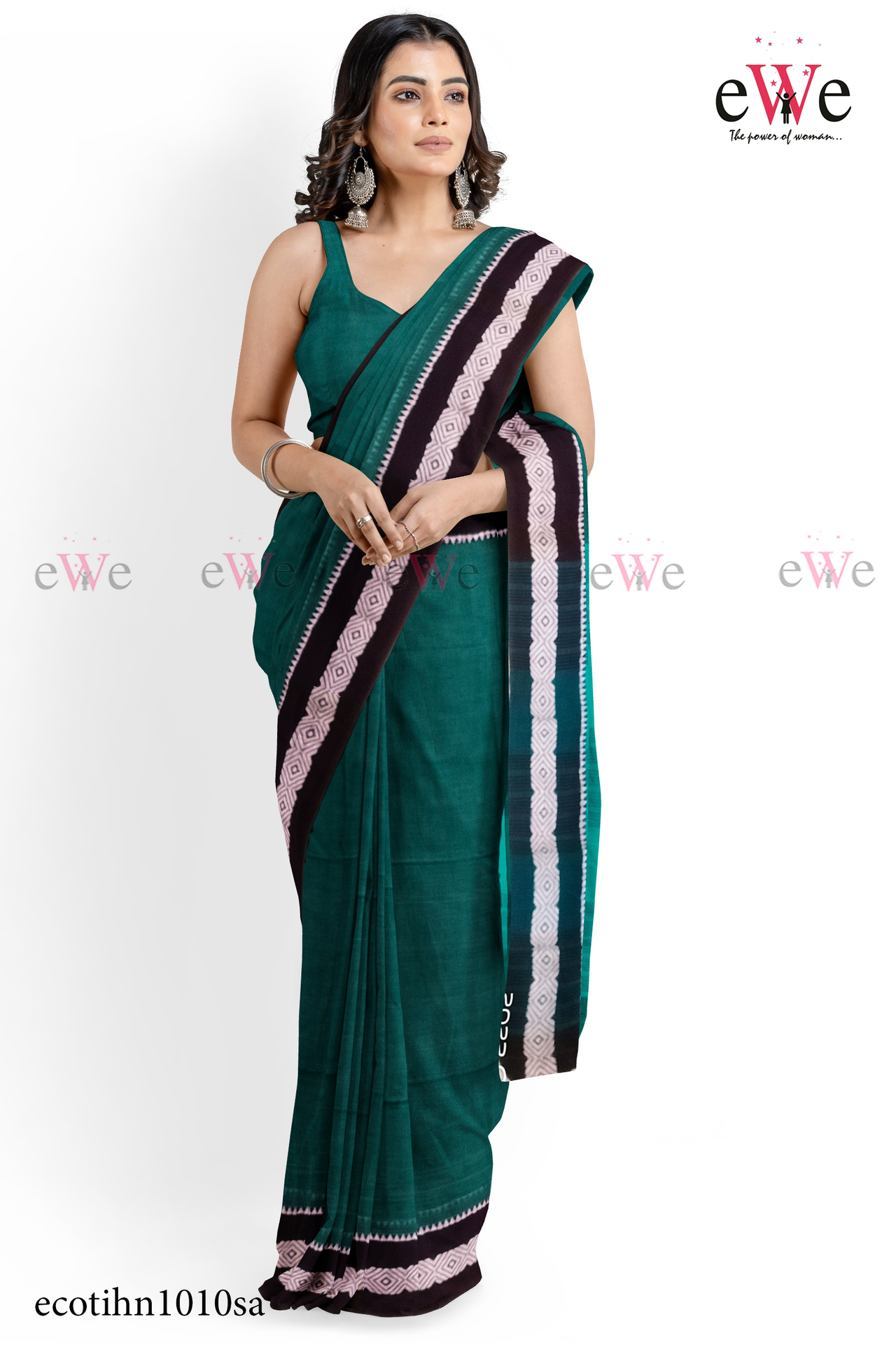 Green &amp; Black Handloom cotton saree with Designer Border