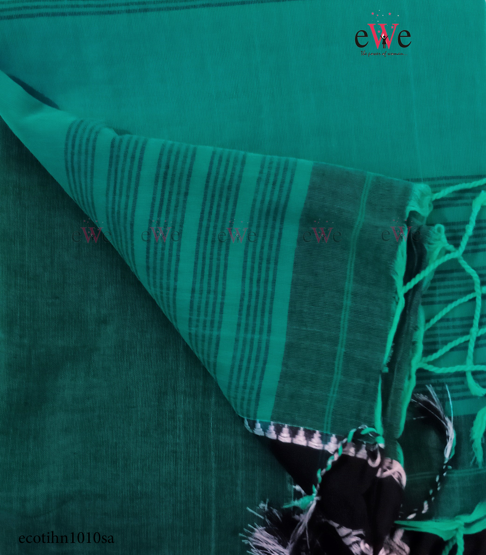 Green &amp; Black Handloom cotton saree with Designer Border