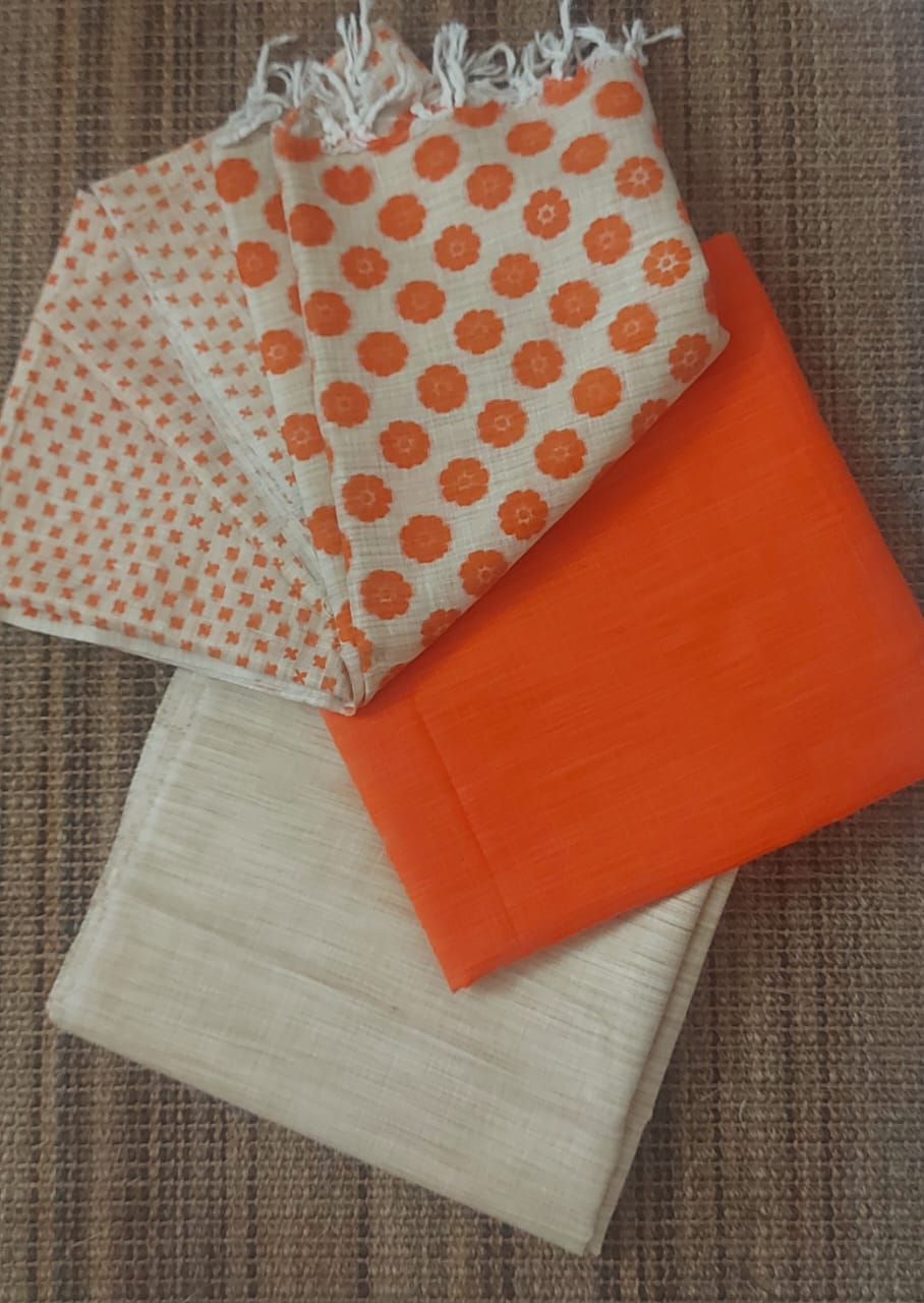 Jute Cotton Orange Top, Bottom &amp; Dupatta with Hand Painting