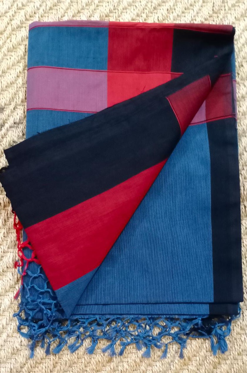 Dark Blue Red and Black Handloom Saree