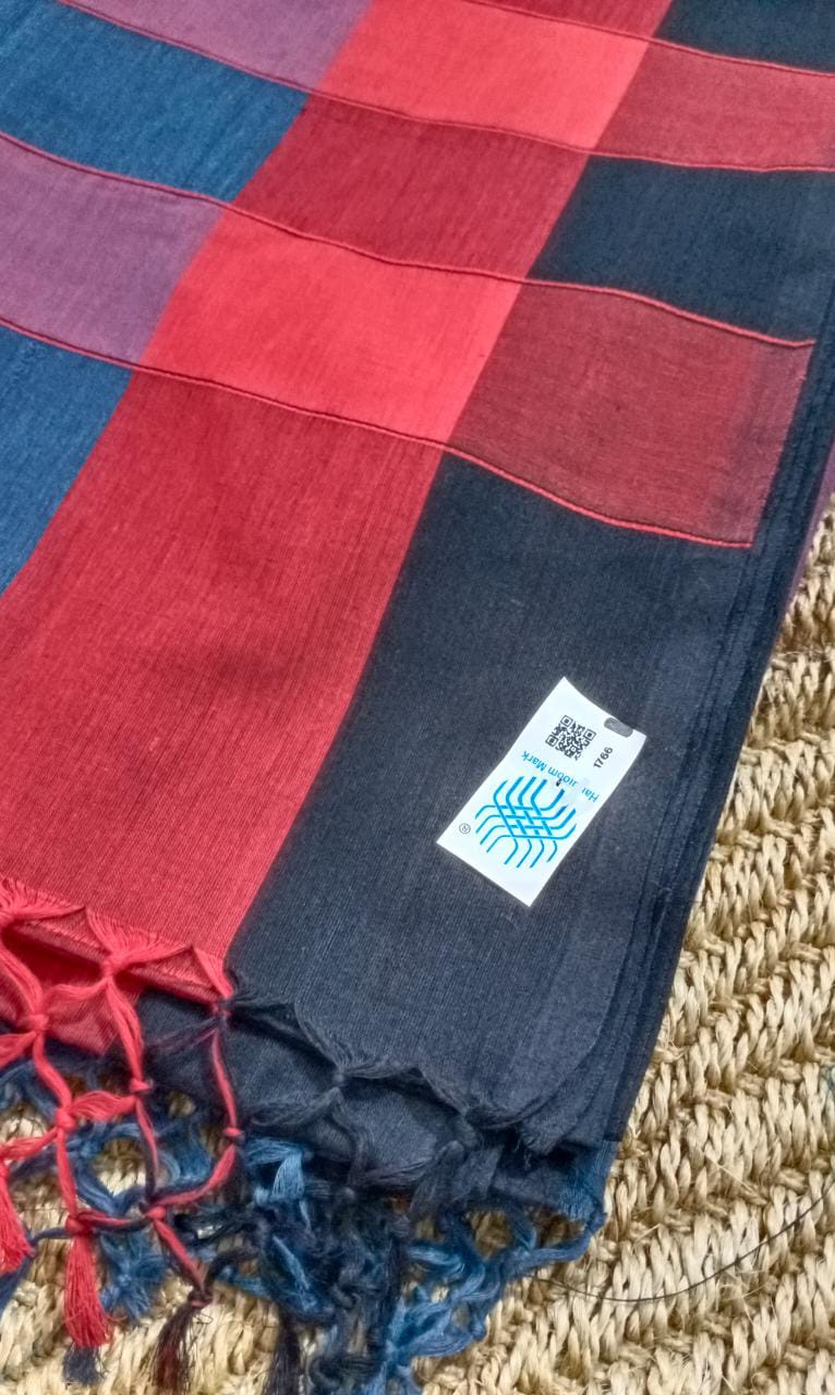 Dark Blue Red and Black Handloom Saree