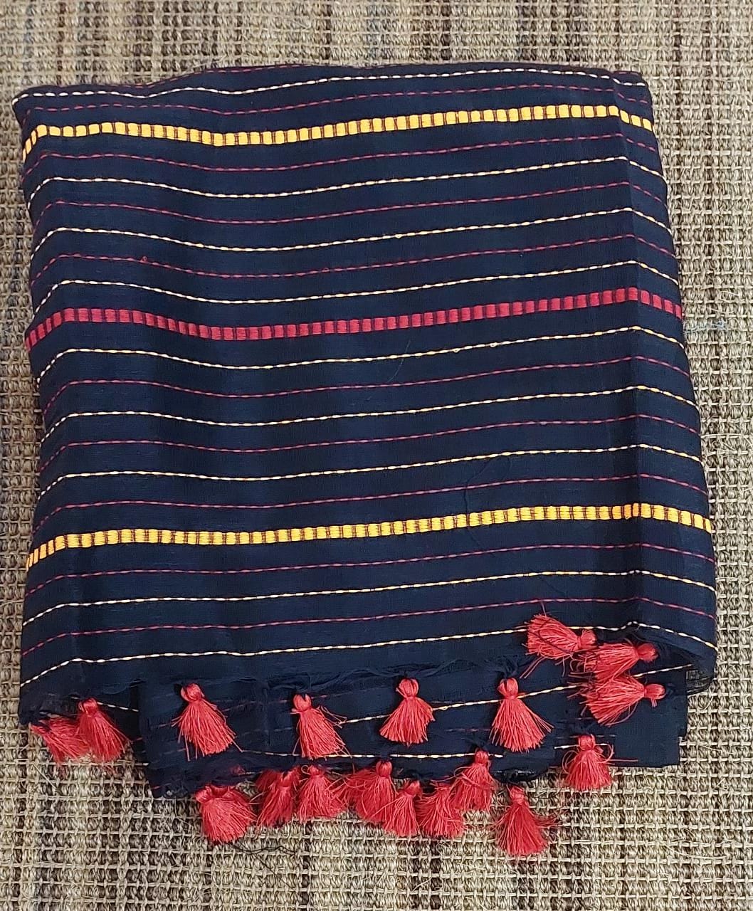 Black Organic Linen Saree with Traditional Katha Work.