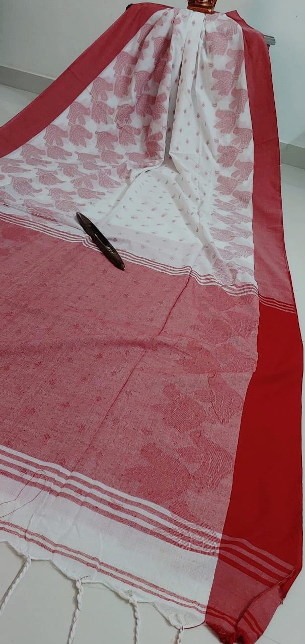 Red and White self woven Handloom Saree