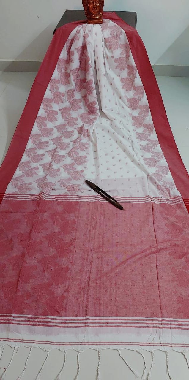 Red and White self woven Handloom Saree