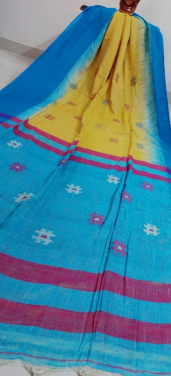 Blue Yellow Handloom Cotton Tissue Saree
