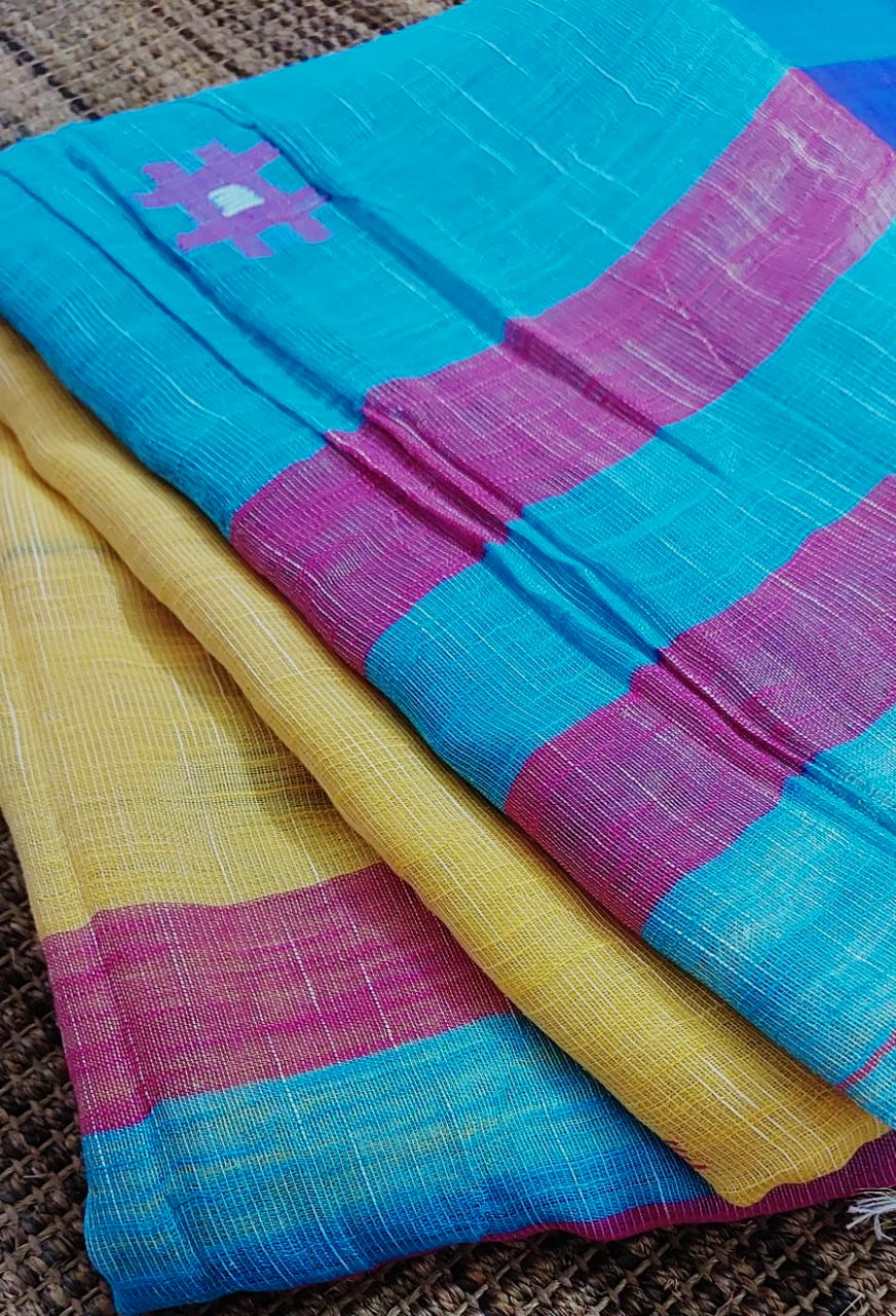 Blue Yellow Handloom Cotton Tissue Saree