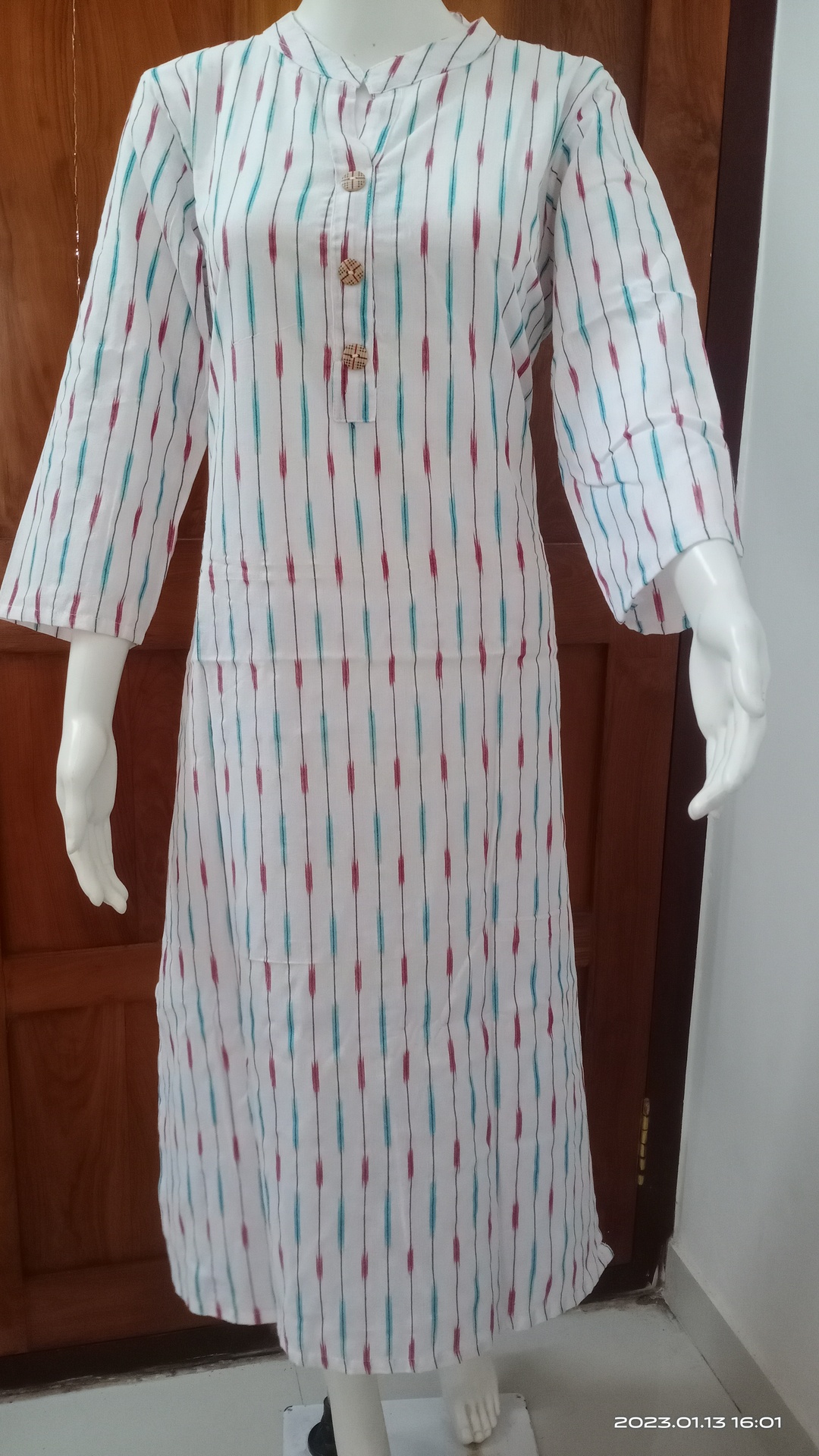 White Ikkat Kurti with Blue red lines