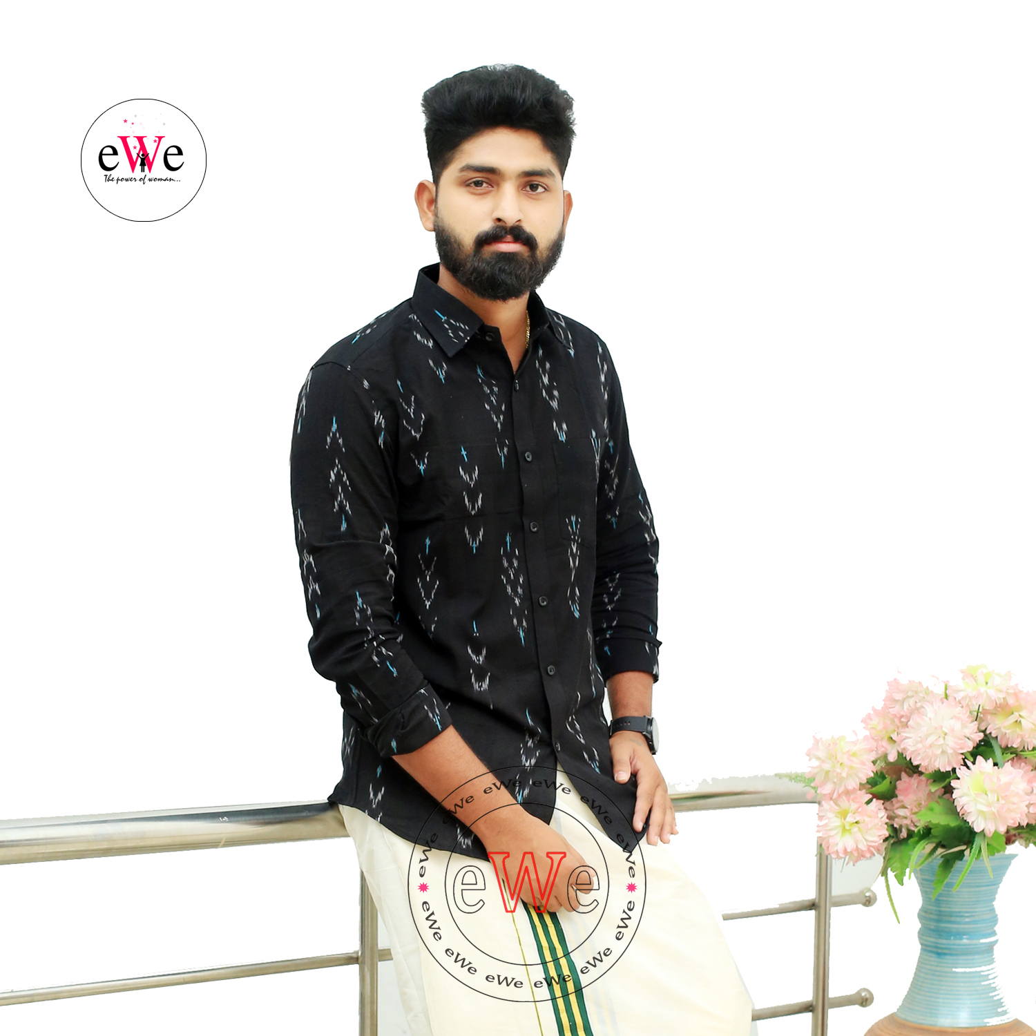 &quot;Black&quot; Men's Formal Shirt With Ikkat Design