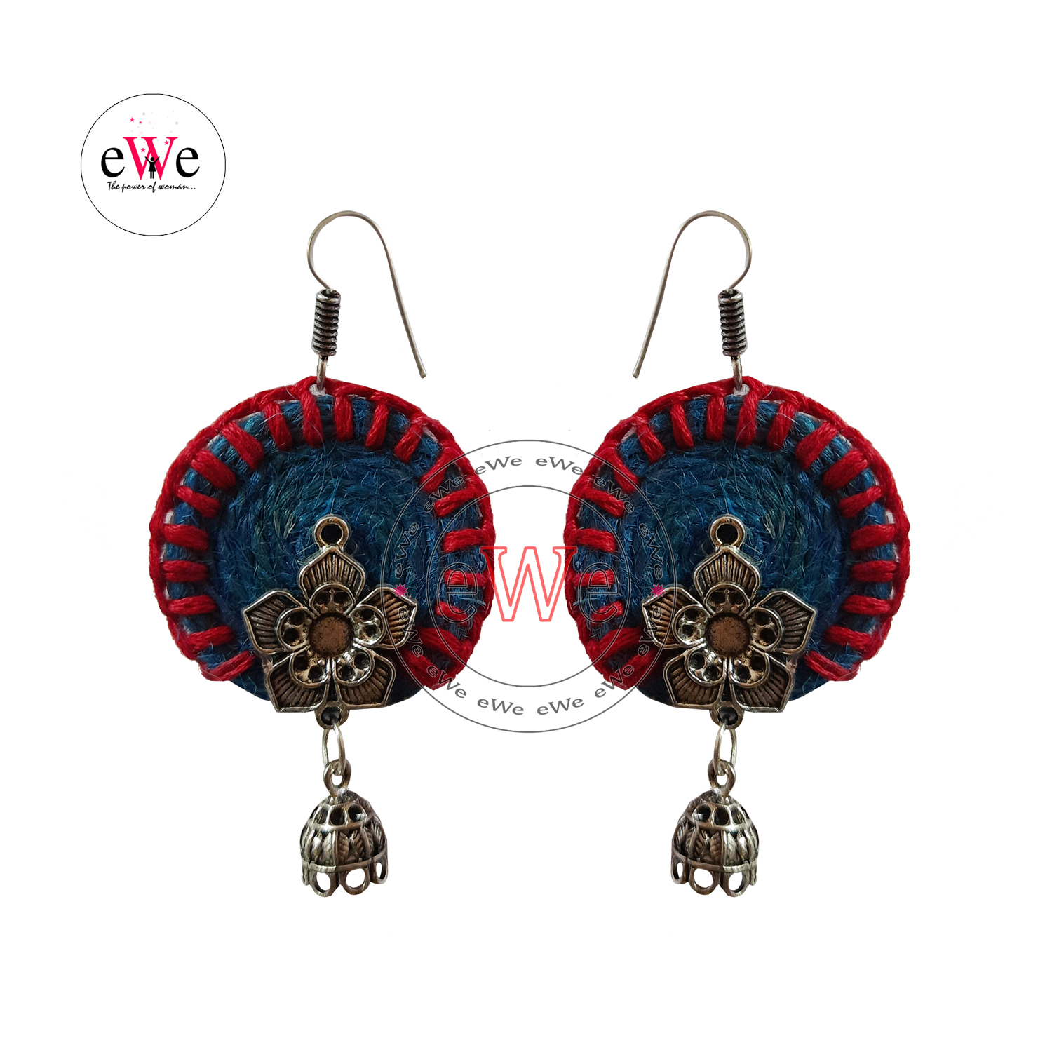 Blue And Red Woolen Thread  Flower Handmade Earrings