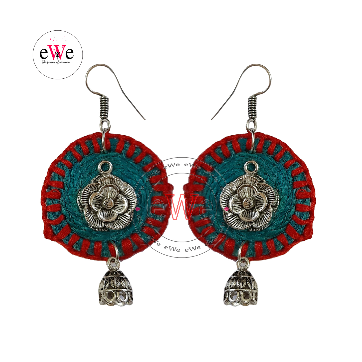 Blue And Red Woolen Thread Rose Handmade Earrings With Jhumka