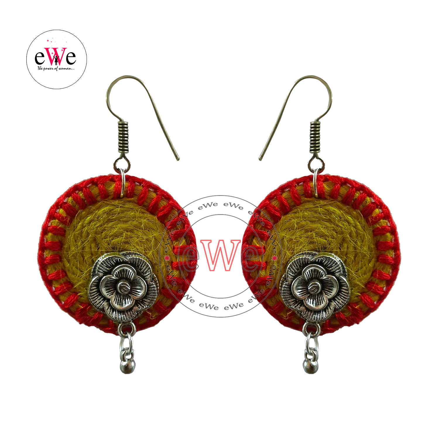 Yellow And Red Woolen Thread Rose Flower Handmade Earrings With Jhumka