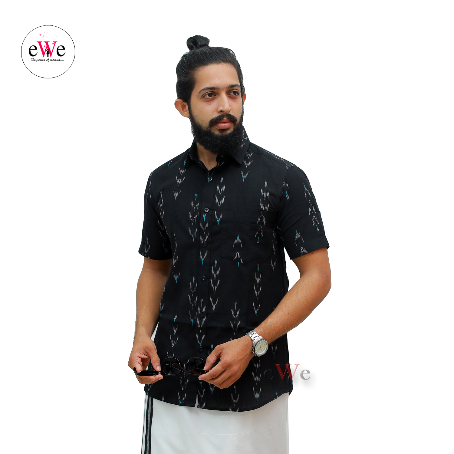 &quot;Black&quot; Men's Formal Half Sleeve Shirt With Ikkat Design